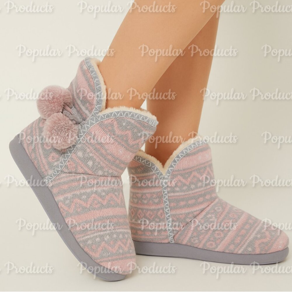 Knit Pom Pom Bootie Slippers, Pink & Gray